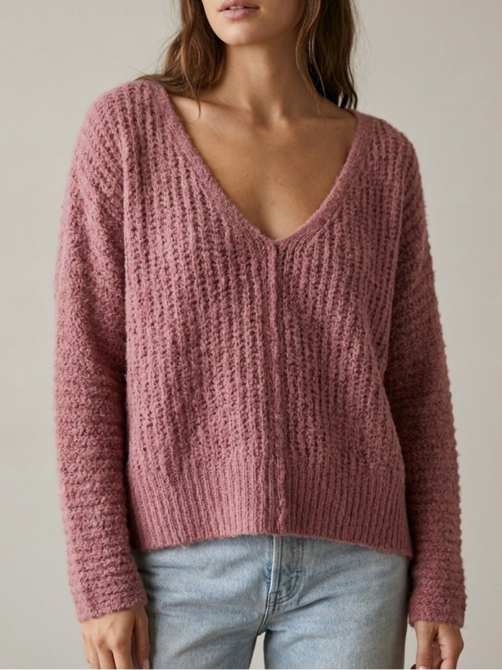 FREE PEOPLE Moonbeam Alpaca Blend V-Neck Sweater in Pink Mauve